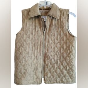 Selene Paris 100% Silk Tan/Olive‎ Quilted Zippered Vest Women's Medium Vintage